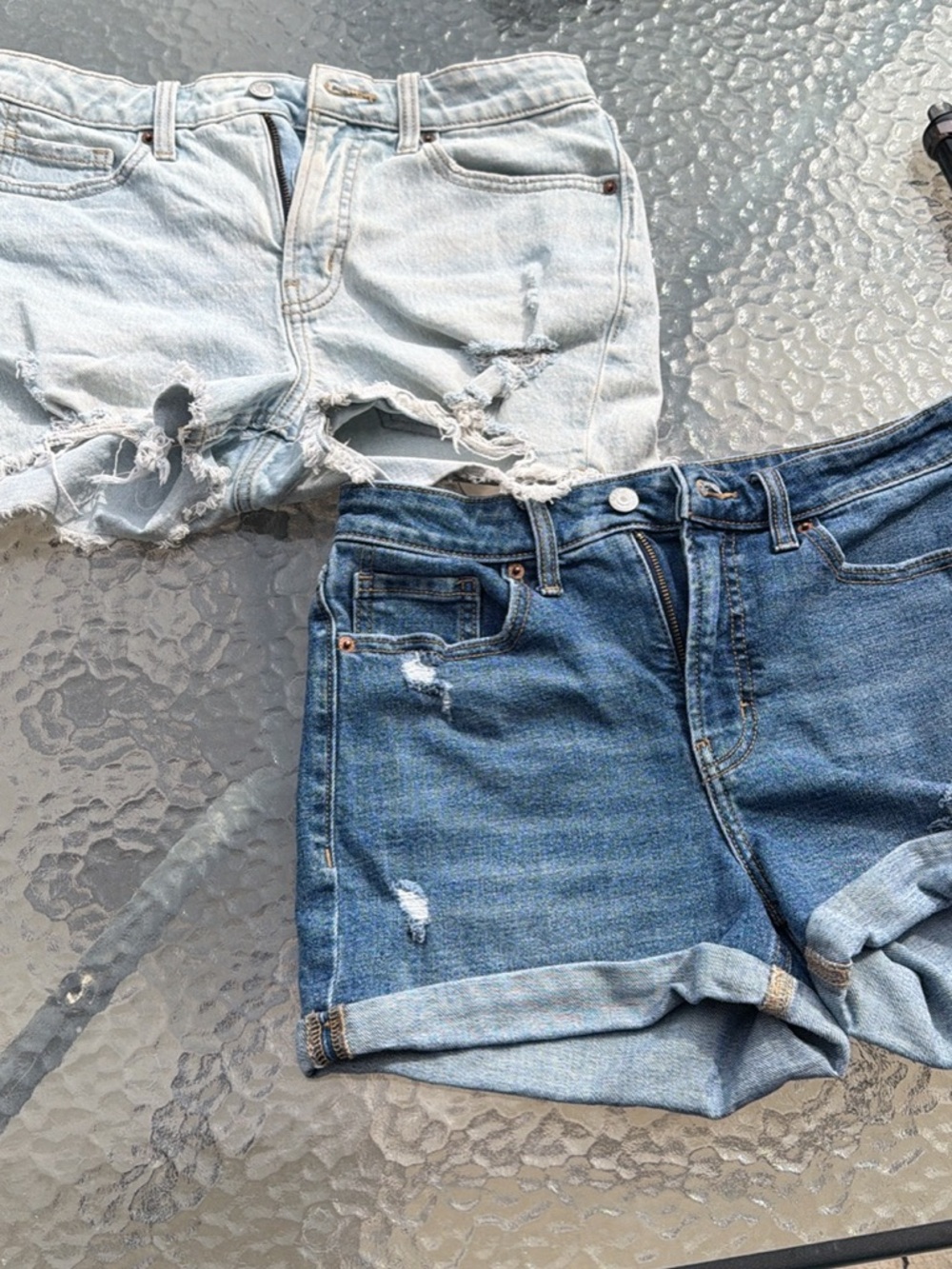 Old Navy Women's High Waist Distressed Denim Shorts - Light Blue & Medium Blue